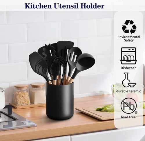 Miniatura 3 de Elegance en negro mate: soporte multiusos de cerámica para utensilios - Esencial de cocina elegante y estable de 7 x 5.35 pulgadas