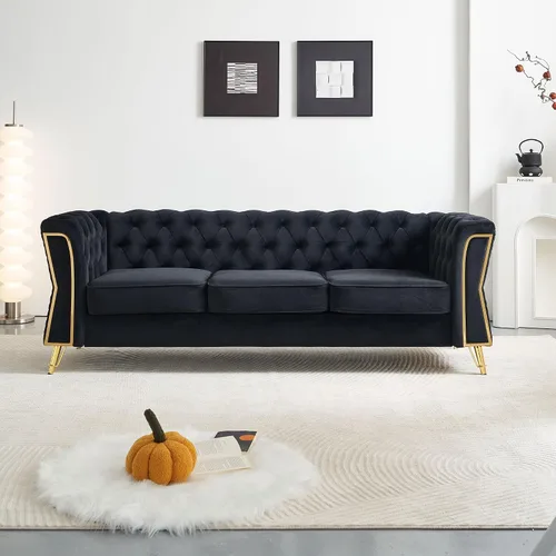 Miniatura 16 de KEIKI Sofá Chesterfield de terciopelo con botones capitoné de 87 pulgadas con cojines de espuma de alta densidad, moderno sofá de 3 plazas con Negro