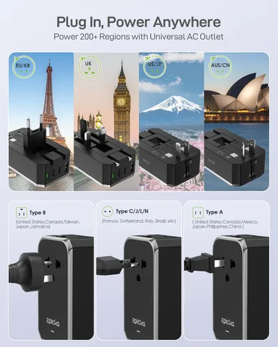 Miniatura 5 de EPICKA Air 40W Adaptador de viaje universal, adaptador de corriente internacional de carga rápida PD con 1 AC y 4 puertos USB, artículos compactos