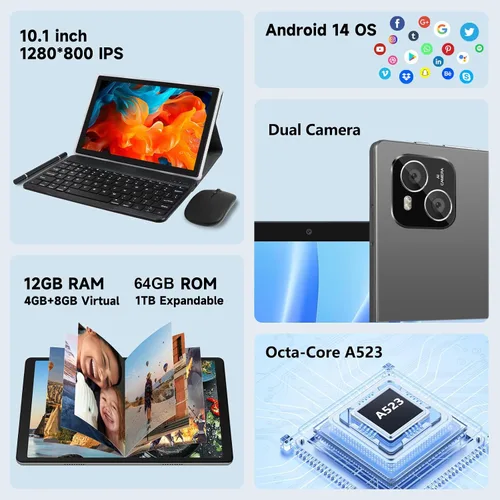 Miniatura 2 de Tableta, tableta Android con 12 GB de RAM 64 GB de ROM, tabletas con procesador Octa-Core con teclado, mouse, pantalla táctil de 10.1 pulgadas 1280