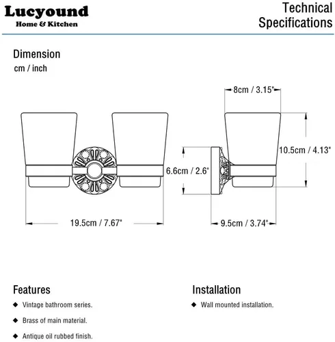 Miniatura 5 de Soporte doble para cepillos de dientes montado en la pared, soporte para taza de enjuague bucal para pared de baño, soporte de latón antiguo y dos