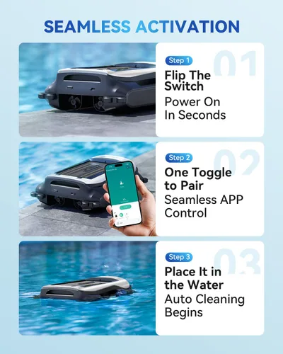 Miniatura 11 de Robot desnatador eléctrico automático de piscina 24/7 con soporte de aplicación, limpiador de superficie flotante para piscina sobre el suelo, Blanco