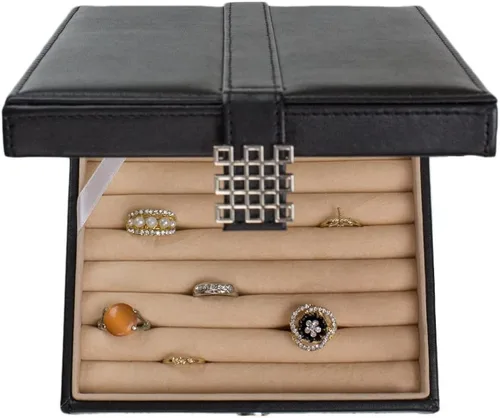 Miniatura 7 de Glenor Co Organizador de caja de anillos Soporte de joyería clásico de 54 ranuras Bandeja de almacenamiento con cierre de hebilla moderno, espejo