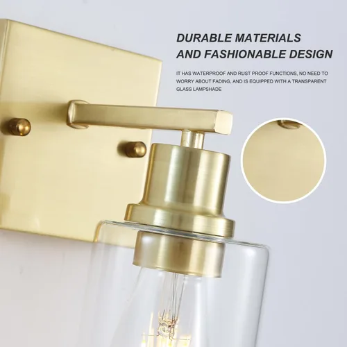 Miniatura 5 de Paquete de 2 lámparas de pared para sala de estar, luces de tocador de oro cepillado con pantalla de cristal, apliques de pared modernos de granja