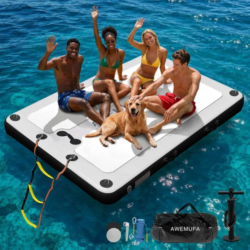 Miniatura 11 de AWEMUFA Muelle flotante inflable con rampa de 5 pies/6 pies/8 pies/10 pies, plataforma flotante flotante, tapete flotante de isla flotante, flotador