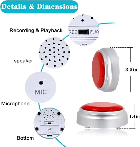 Miniatura 5 de Botón grabable, botón de grabación parlante, botón fácil de grabar por voz 30S, botón de efecto de sonido con reproducción (rojo y plateado)