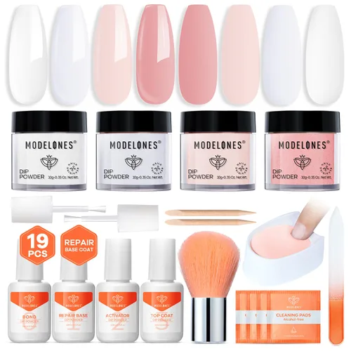Modelones - Kit de polvo de inmersión para uñas, 4 colores transparente, nude, blanco, rosa, set de iniciación con líquido y accesorios completos