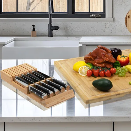Miniatura 6 de Utoplike Organizador de cajón para cuchillos Bloque de cuchillos de bambú para cocina, Soporte para bistecs de mango grande, Apto para 9 cuchillos