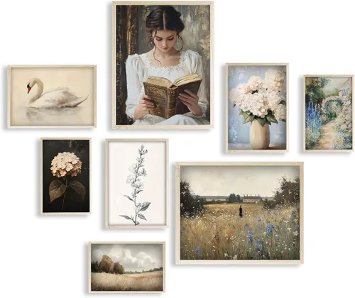 Eastern Print Juego de 8 piezas de arte de pared victoriano, impresiones vintage para decoración de pared de galería, estilo rústico francés, cisne,