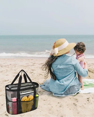 Miniatura 9 de MAY TREE Bolsa de playa de malla extragrande con múltiples bolsillos, bolsa de playa resistente para viajes familiares, campamento, natación