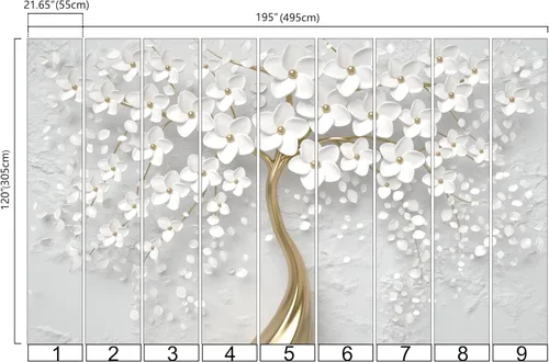 Miniatura 4 de Bormia - Mural de pared de árbol de flores 3D con cuerpo de árbol dorado, calcomanías de pared para sala de estar, dormitorio, habitación de niños