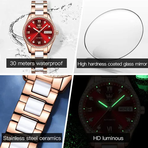 Miniatura 6 de OLEVS Relojes de oro rosa para mujer correa de acero inoxidable de cerámica reloj mecánico automático calendario de puntero luminoso impermeable