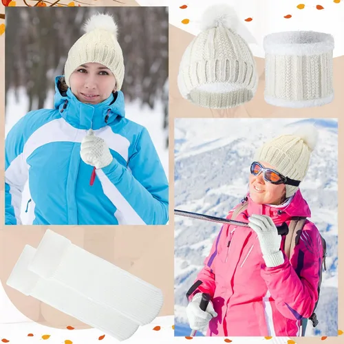 Miniatura 5 de SATINIOR Juego de 5 piezas de gorro de invierno y bufanda, guantes de forro polar cálido, gorro de punto, gorro de punto para pantalla táctil