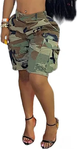 Famnbro Pantalones cortos de camuflaje para mujer, pantalones cortos cargo de camuflaje, pantalones cortos casuales con bolsillos