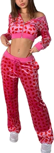 Miniatura 3 de Yiiciovy Conjunto deportivo de terciopelo rosa de 2 piezas para mujer, estampado de corazón, cremallera, sudadera con capucha Y2K, sudadera