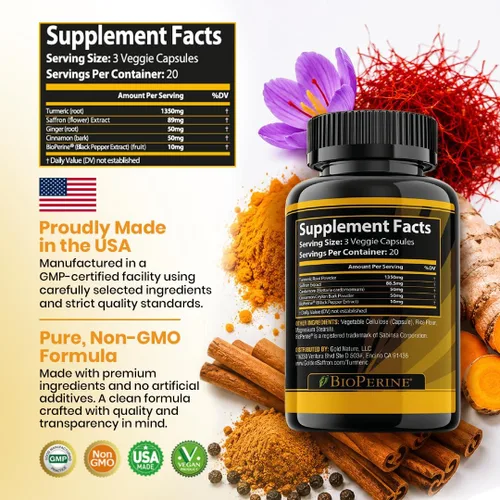 Miniatura 5 de GOLDEN SAFFRON Suplemento de curcumina de cúrcuma con bioperina, azafrán, canela y jengibre, suplemento de alta potencia, sin OMG, sin gluten