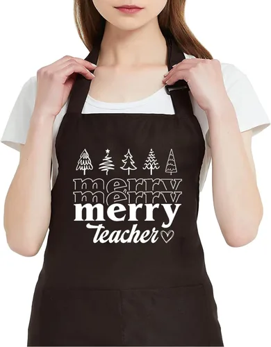 Miniatura 6 de TSIIUO Delantal de Feliz Profesor para mujer, divertido diseño de Navidad, impermeable, ajustable, con 2 bolsillos