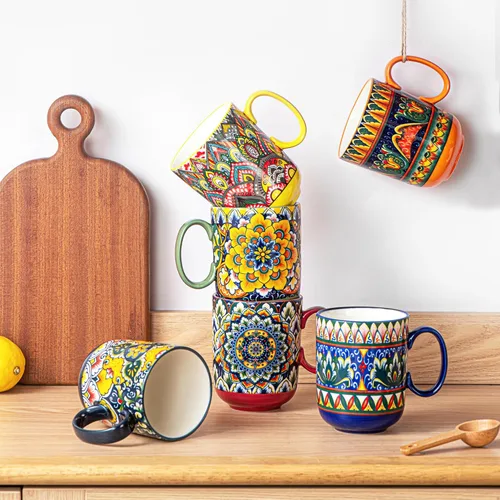 Miniatura 3 de Henten Home Juego de tazas de café de porcelana de 6 piezas, taza de café de 14 onzas colorida con mango, taza de cerámica boho para chocolate
