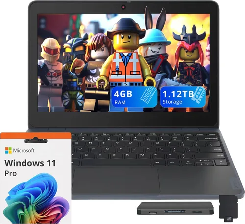 Lenovo Laptop HD de 100 W Gen 4 de 11.6 pulgadas, procesador Intel N100, 4 GB LPDDR5, almacenamiento de 1.12 TB (128 GB SSD + 1 TB Docking Station),