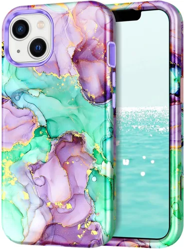 Miniatura 11 de CASEFIV Compatible con funda para iPhone 13, patrón de mármol 3 en 1, resistente a golpes y caídas, cuerpo completo, policarbonato duro y silicona