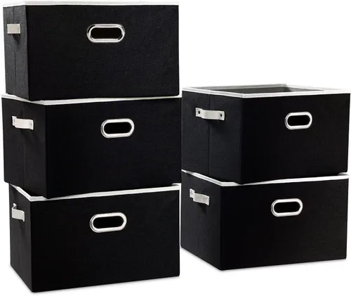 PRANDOM Contenedores de almacenamiento plegables más grandes para clóset [5 unidades] cestas decorativas de tela de lino con asas de cuero y metal