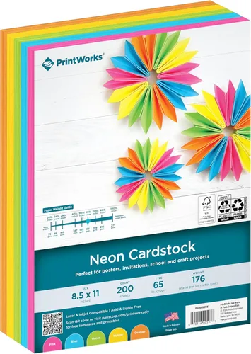 PrintWorks Cartulina de neón de 8.5 x 11 pulgadas, 200 hojas, 5 colores fluorescentes surtidos, ideal para proyectos escolares y artesanales, 65