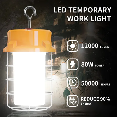 Miniatura 5 de RIUVAO Luz de trabajo temporal de 80W LED 12000lm 5000K luz diurna blanca portátil colgante iluminación de construcción llevó alta luz de la bahía