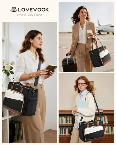 Miniatura 2 de LOVEVOOK Bolsa de mano para profesores, bolsa para laptop para mujer con portavasos grande y área de archivo de acordeón, bolsa de trabajo