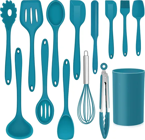 Miniatura 11 de LIANYU Juego de 14 utensilios de cocina, juego de utensilios de cocina de silicona con espátulas y soporte, herramientas de cocina resistentes al