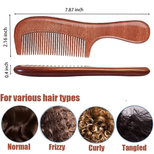 Miniatura 5 de Peine de dientes anchos de madera para mujeres y hombres, peine desenredante de sándalo antiestático para cabello rizado fino, lacio, húmedo y seco
