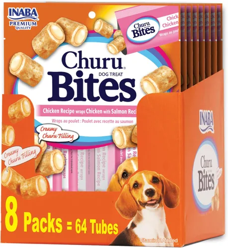 INABA Churu - Mordeduras para perros, golosinas para perros suaves y masticables con vitamina E, 0.42 onzas cada tubo, 64 tubos en total (8 tubos