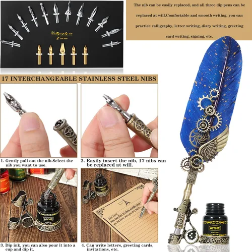 Miniatura 4 de Juego de pluma estilográfica y tinta, con pluma estilográfica, pluma de madera, pluma de vidrio, 6 botellas de tinta, papel de 16 letras, 2 sobres