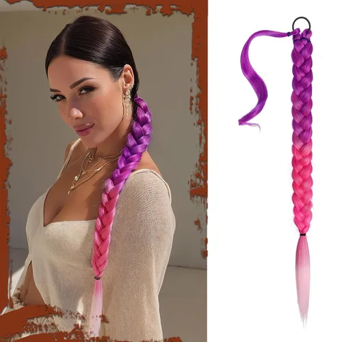 Miniatura 52 de Sofeiyan Extensión de cola de caballo de trenza larga con banda para el cabello, lacio, elegante, envolvente, extensiones de cabello trenzado, cola