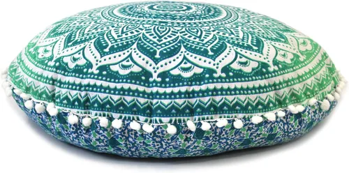 Miniatura 8 de Funda redonda para cojín de piso con mandala, estilo hippie, decorativa, bohemio, para puf otomano, con pompones, fundas de almohada, boho, indio