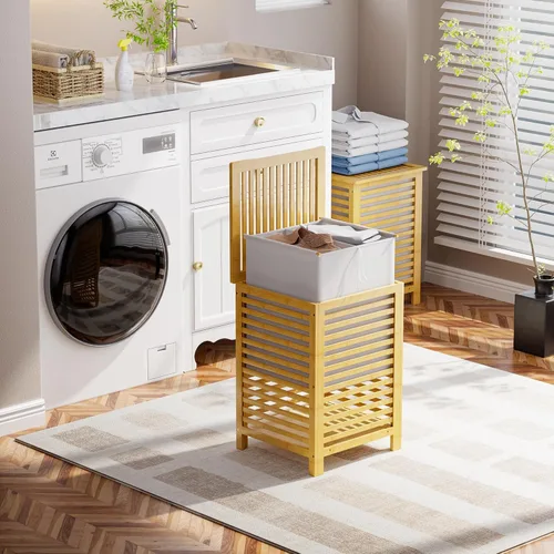 Miniatura 4 de SMIBUY Cesta de lavandería doble con tapa, cesta de lavandería de bambú de 120L con bolsa interior extraíble, clasificador de ropa de 2 secciones