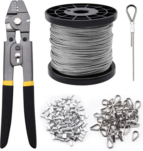 Kit de herramientas de engarzado de cable de alambre de 328 pies, cable de cuerda de alambre de acero inoxidable de 1/16" con manguitos de engarzado