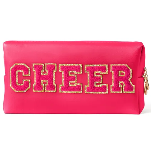 Miniatura 11 de Y1tvei Preppy Patch BATH Letter - Neceser de cuero PU para cosméticos, bolsa de maquillaje portátil cosida con parches de letras universitarias