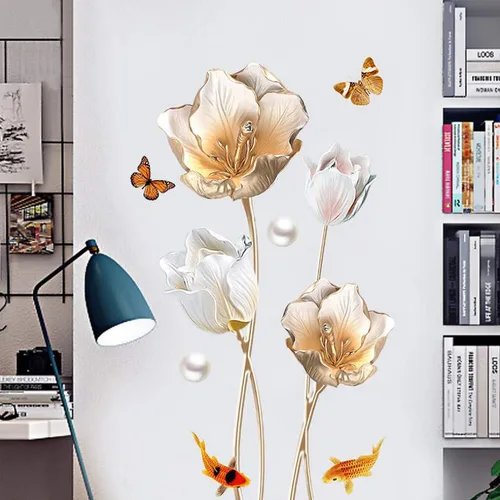 Miniatura 3 de Calcomanías de pared florales de flor de loto, calcomanías de pared de tulipán para sala de estar, decoración de pared extraíble para el hogar