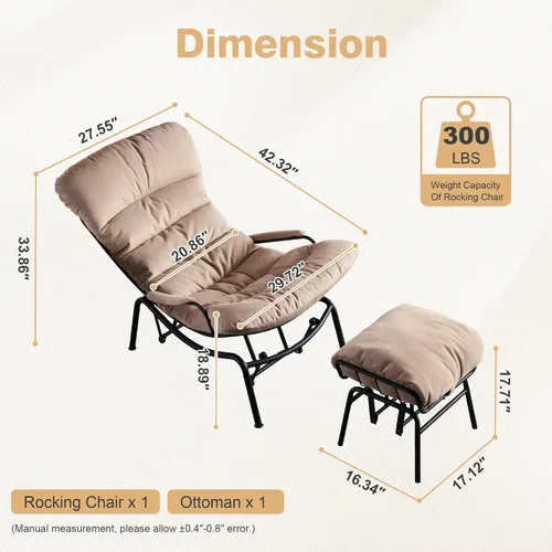 Miniatura 8 de ovios Mecedora con otomana, reclinable deslizante con reposapiés, sillón de acento perezoso con cómodo cojín para sala de estar, dormitorio