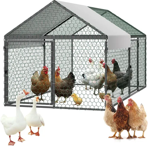 Miniatura 18 de VEVOR Gallinero de metal grande con paso, 13.1 x 9.8 x 6.5 pies para patio con cubierta impermeable, jaula grande para aves de corral