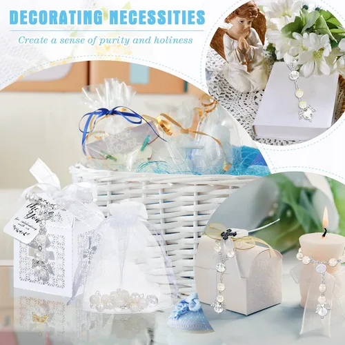 Miniatura 6 de Yinkin El juego de 100 rosarios de bautismo incluye 25 cuentas de rosario de bautismo con ángel, cajas de recuerdo, bolsas de organza blanca