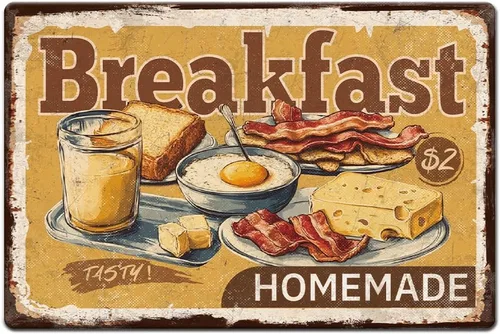 1 letrero de metal vintage de 12 x 8 pulgadas, placa retro para desayuno, huevo frito, queso, tocino, oliva, con 4 agujeros preperforados para