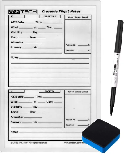ANKTech Bloc de notas de vuelo borrable para rodillera, laminado, de doble cara, organizador de llegada/salida VFR para pilotos, kit de notas de 6 x