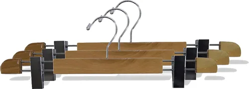 Miniatura 2 de Elegante colgador de madera con perfil bajo y clips ajustables extragrandes, perchas para pantalones o faldas con gancho giratorio cromado de 360