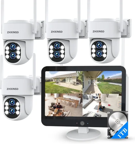 Sistema de cámara de seguridad inalámbrica para exteriores para el hogar, ZHXINSD Juego de 4 cámaras con lente dual 6MP 10X Zoom híbrido 360°