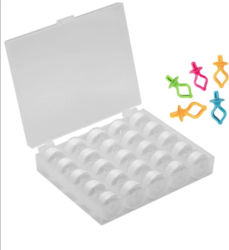 Miniatura 9 de YEQIN 25 piezas de hilo de bobina preenrollado negro y soporte de bobina, tamaño A clase 15 SA156 compatible con Babylock, Brother, Consew, Juki