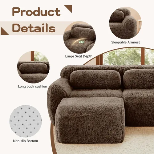 Miniatura 2 de Sofás de nube sin hueso de 80.4 pulgadas, tela de felpa suave y esponjosa, sofá cama modular con 2 otomanas, sofás de dos plazas de chocolate,
