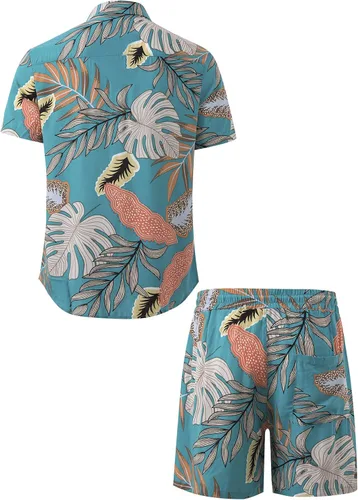 Miniatura 3 de Atwfo Conjunto de camisa hawaiana y pantalón corto para hombre, conjunto de 2 piezas para vacaciones, casual, con botones, playa, trajes florales