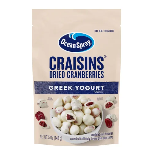 Ocean Spray® Yogur griego cubierto Craisins®, sabor a yogur griego, arándanos cubiertos, frutas secas, bolsa de 5 onzas