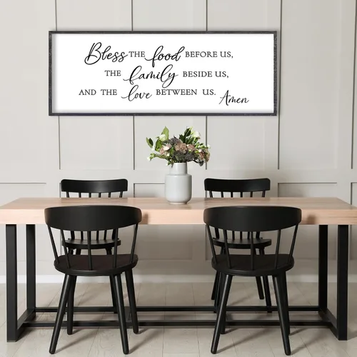 Miniatura 5 de LuZhiQiang Arte de pared para comedor 81,3×30,5 cm "Bless The Food Before Us" Letrero cristiano para cocina, cita familiar agradecida, cuadro grande